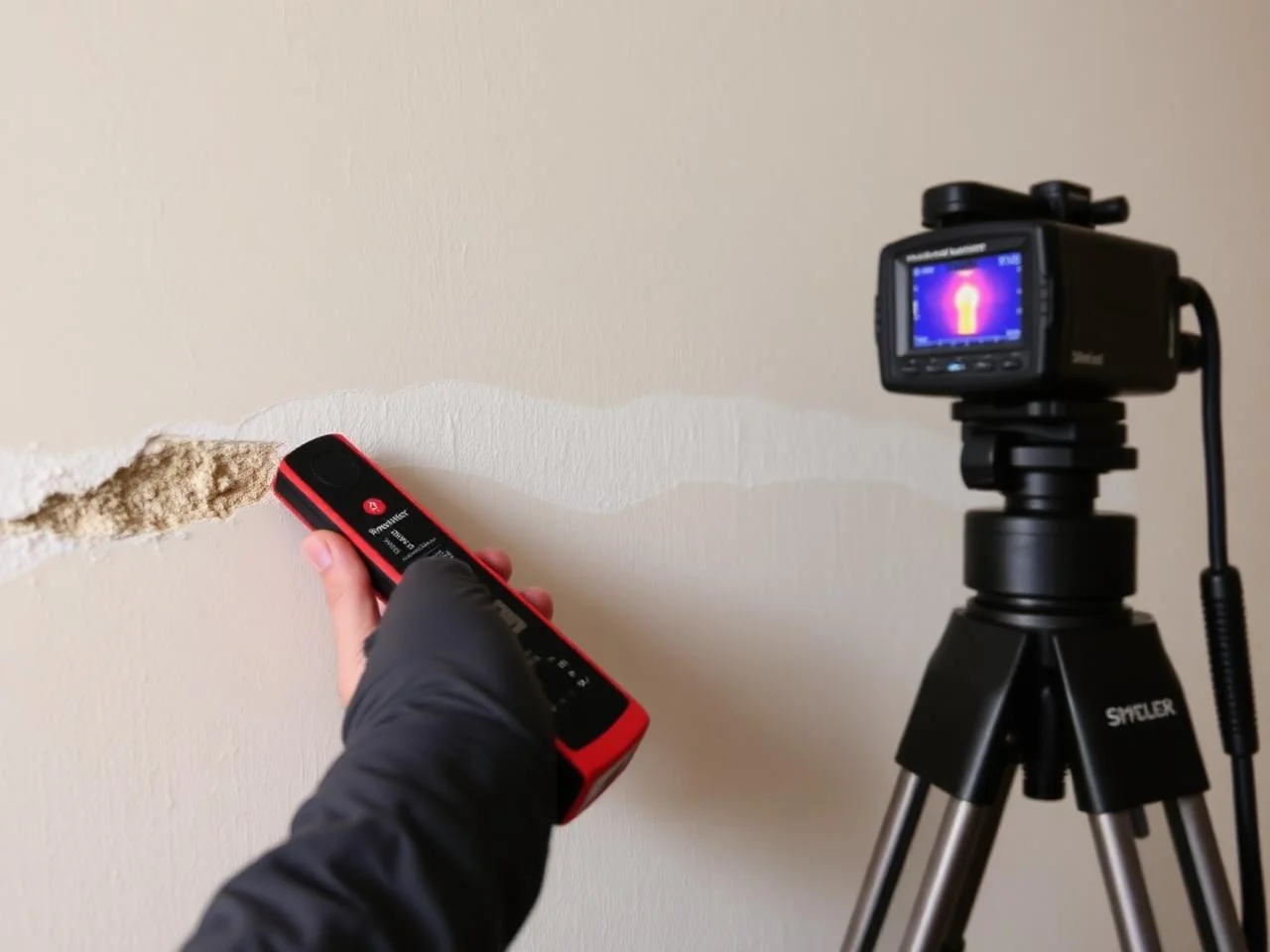 Calibrated Protimeter Surveymaster against a Victorian plaster wall with thermal imaging camera on a tripod