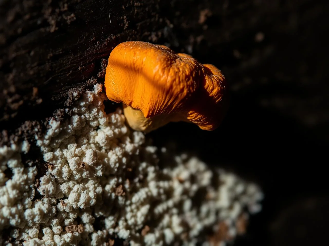 Orange-rust dry rot fruiting body emerging from white mycelium