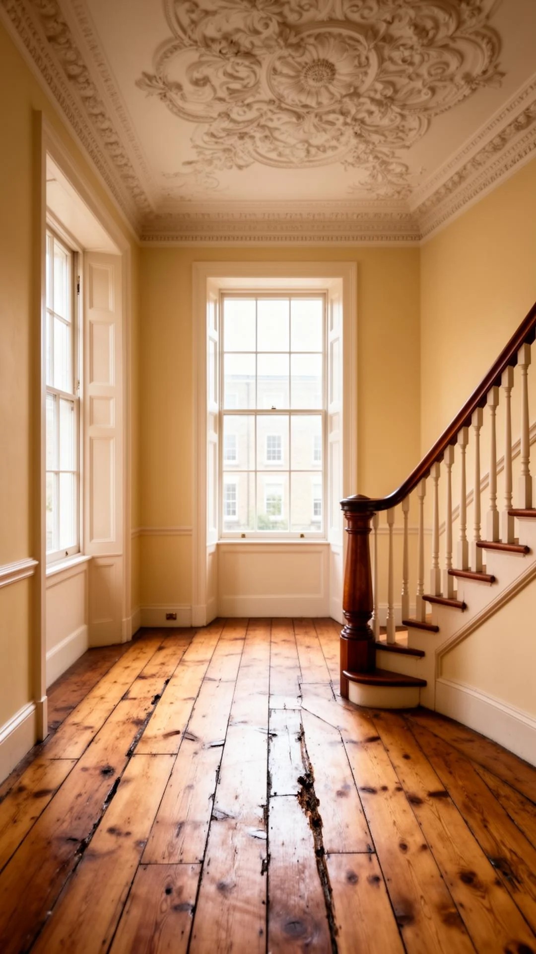 Restored Georgian Dublin townhouse interior with original pine floorboards and ornate ceiling