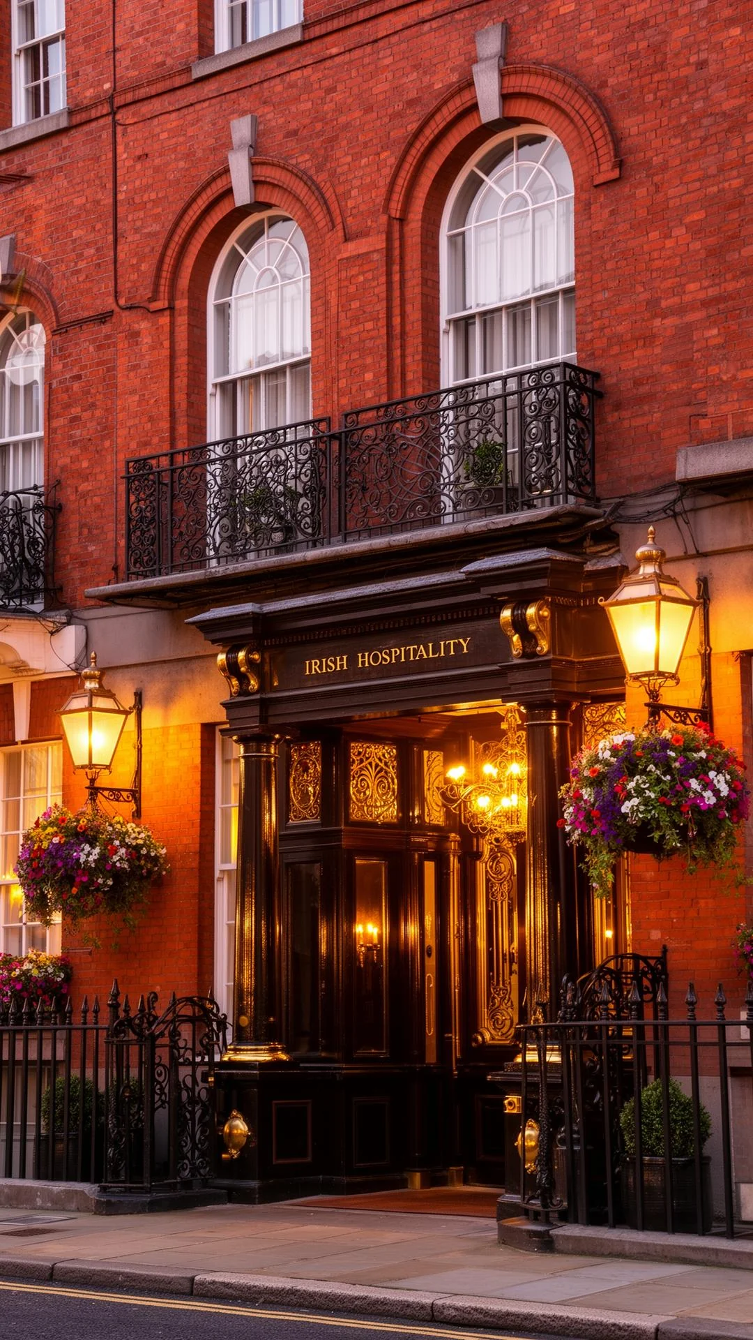 Heritage hotel facade in Dublin's south inner city near Temple Bar at golden hour