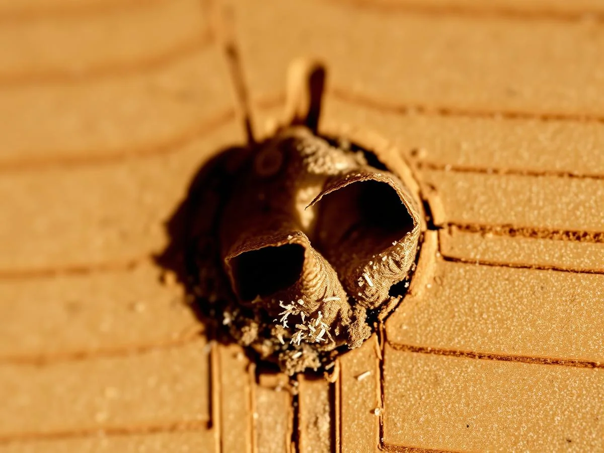 Macro photograph of woodworm flight holes in pine timber with fine frass dust
