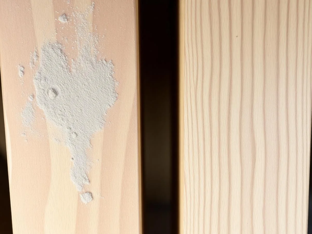 Before-and-after comparison of pine timber: infested left, freshly boron-treated right