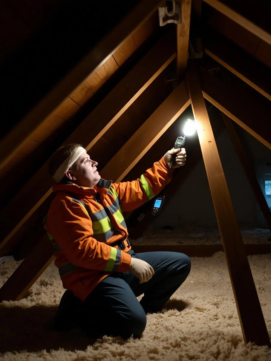 Surveyor inspecting attic timber with a torch and digital moisture meter