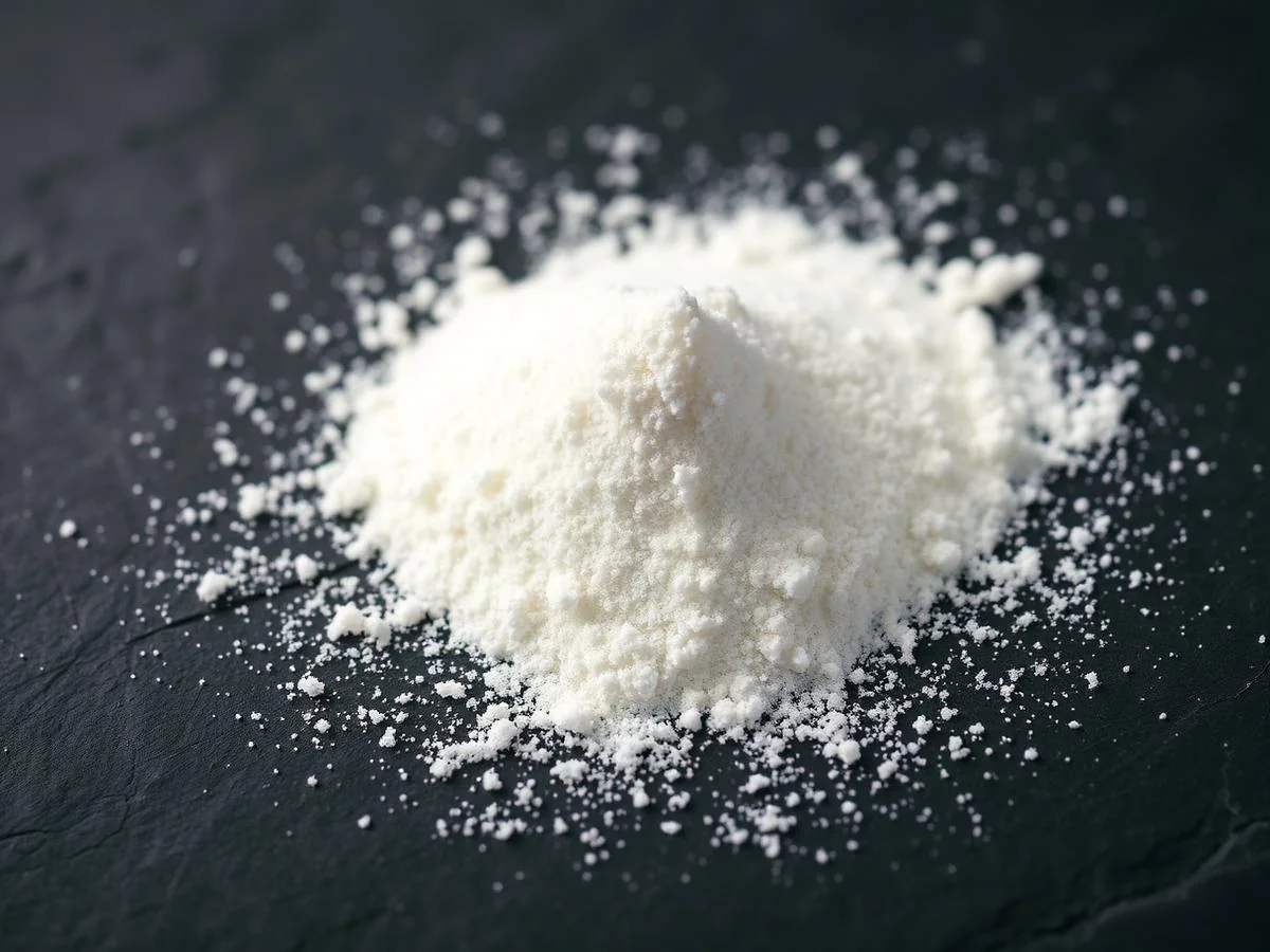 Macro of pure white boron crystal powder on slate