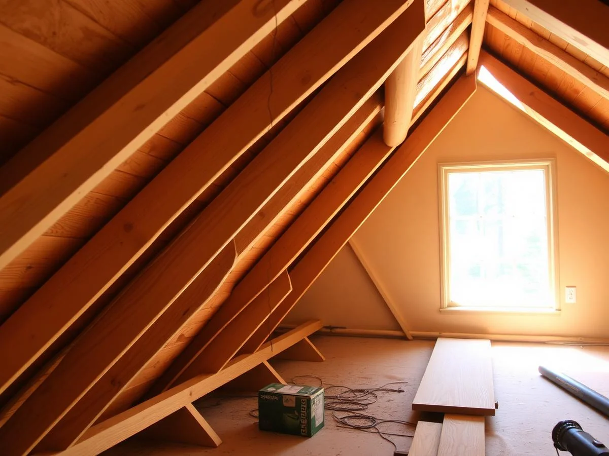 Treated pine rafters drying in a sunlit Irish attic