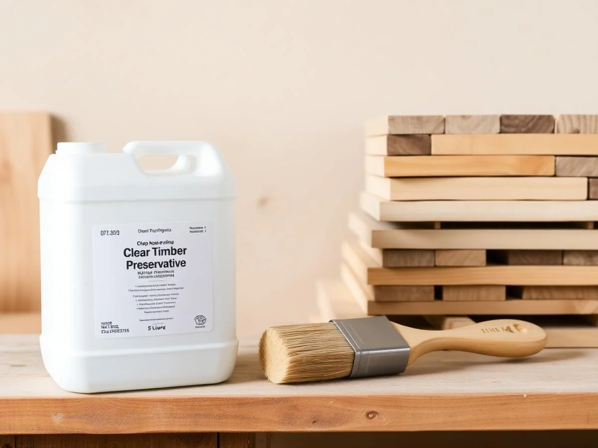 Clear timber preservative container with brush and pine timber samples