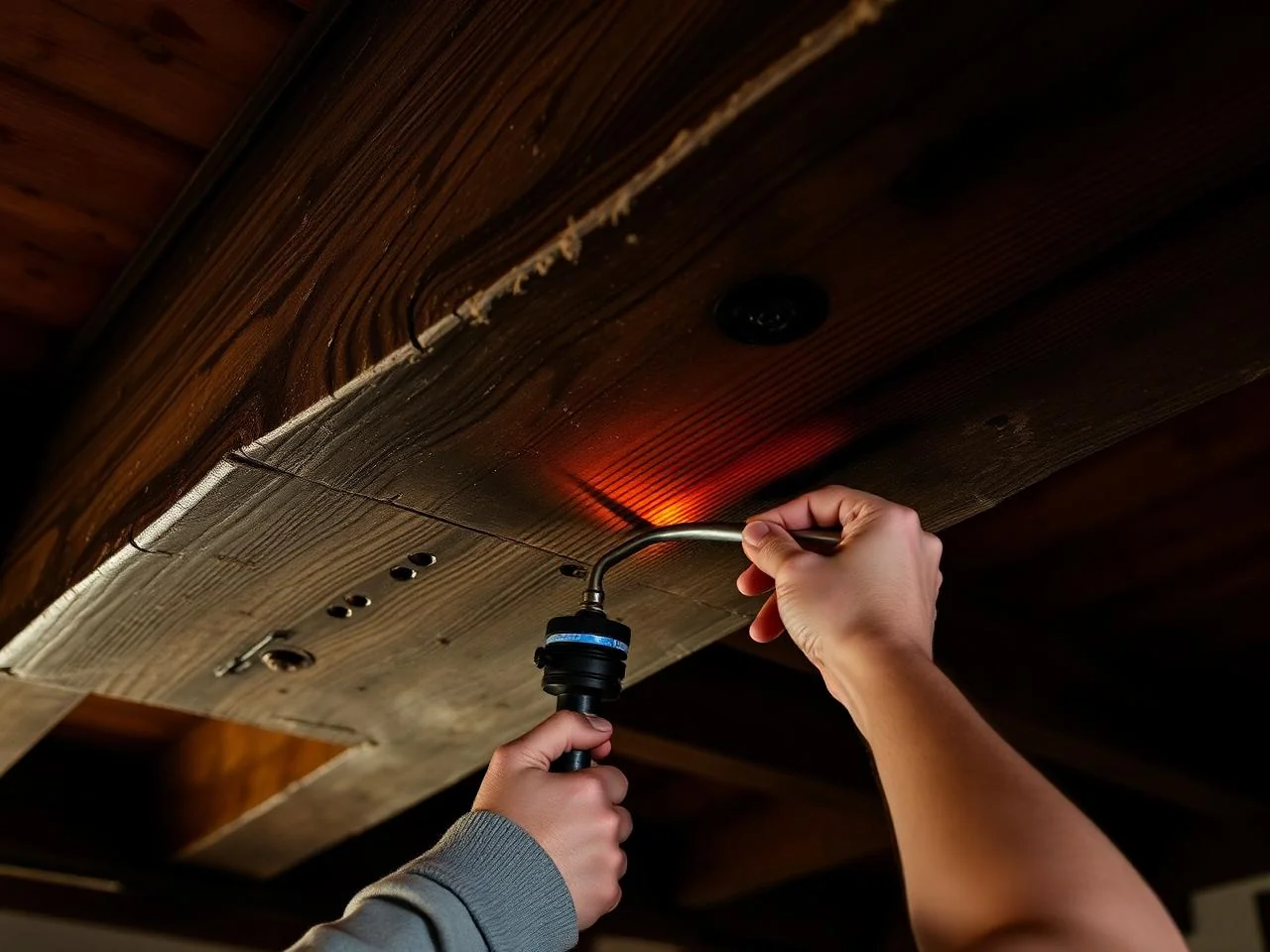 Heritage carpenter using a low-pressure injection lance on a dark oak beam