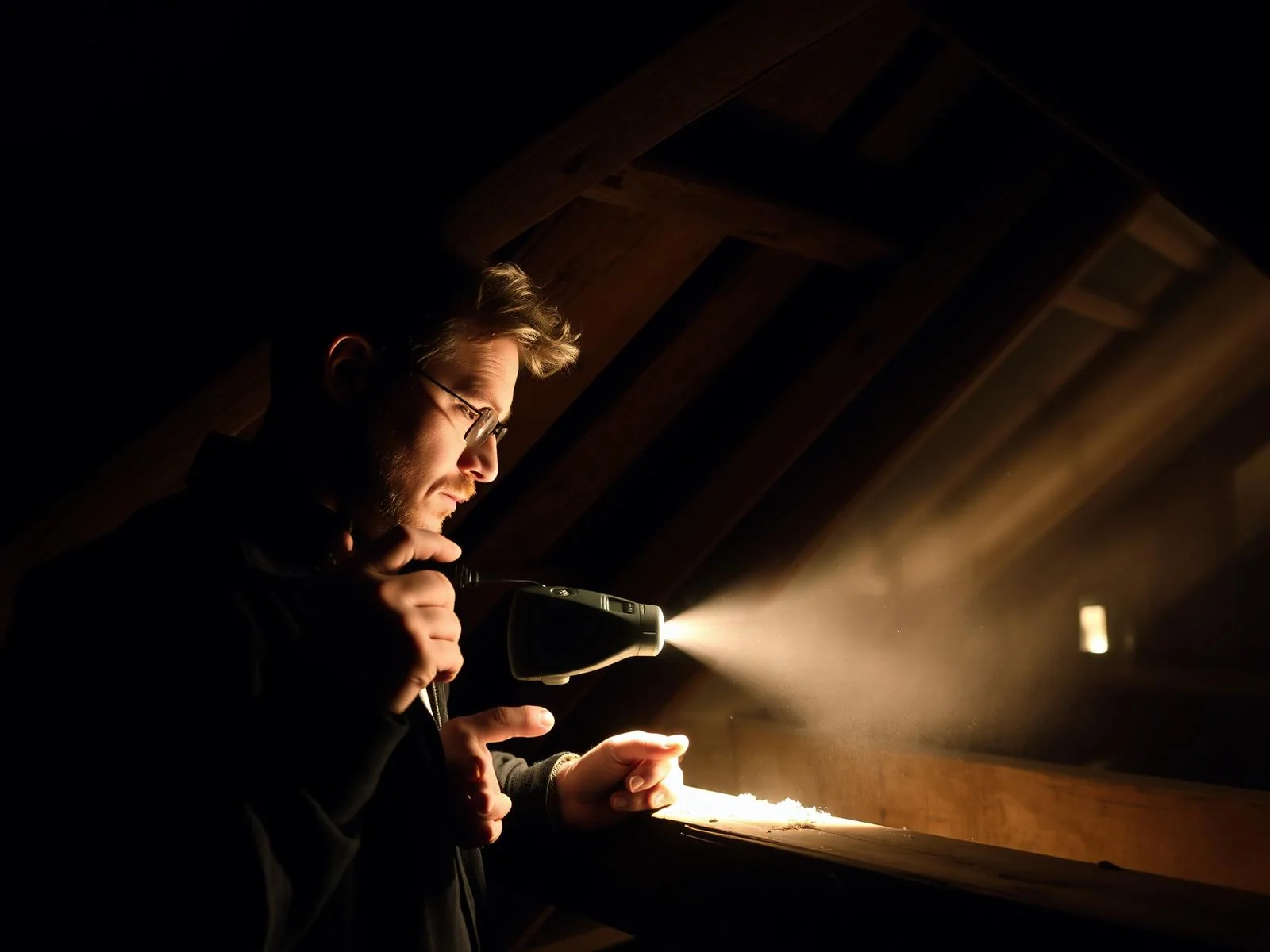Surveyor inspecting attic timber by torchlight
