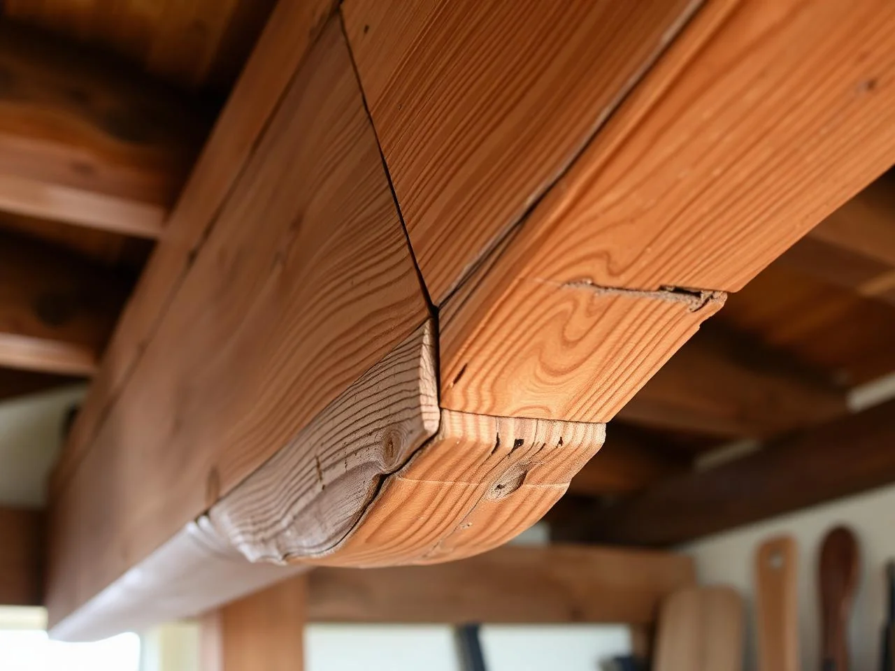 Hand-cut oak sister-joint repair on an historic roof beam