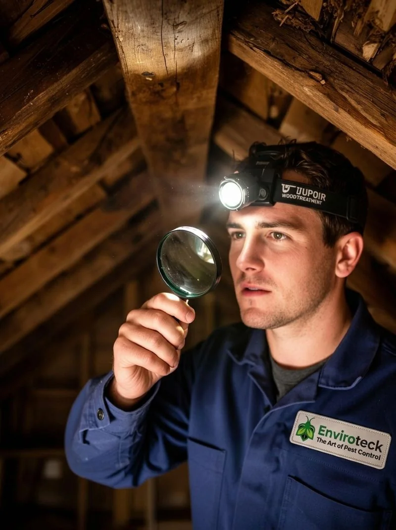 Senior woodworm technician inspecting attic timber